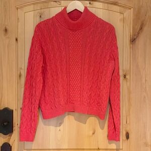 Vintage Preppy Cable Knit Turtleneck Sweater Coral Pink Fisherman Tennis Ivy